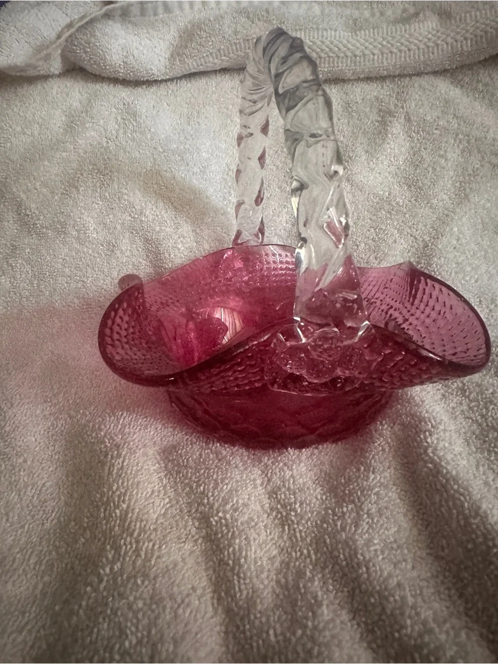 Vintage Fenton Cranberry  Glass basket with berries at bottom of the handle
